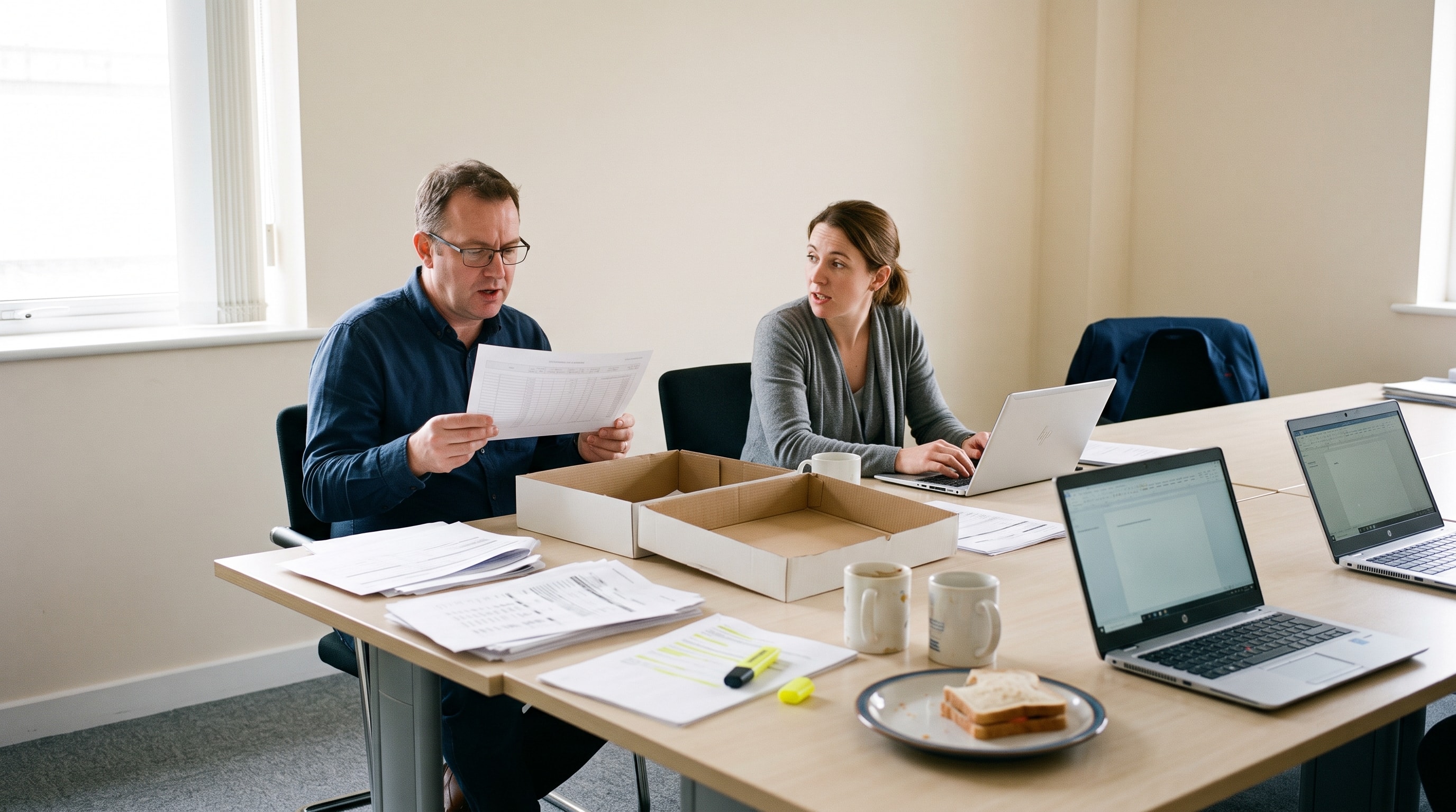 Two colleagues cross-check printed records from an open archive box on a table covered in paper and laptops.