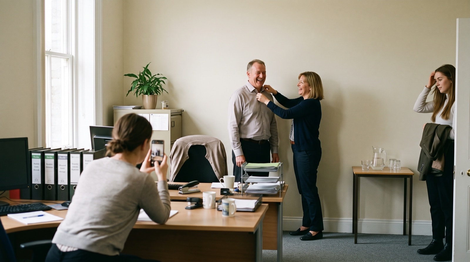 A colleague straightens a man's collar as another crouches with a phone to photograph the team, everyone laughing.