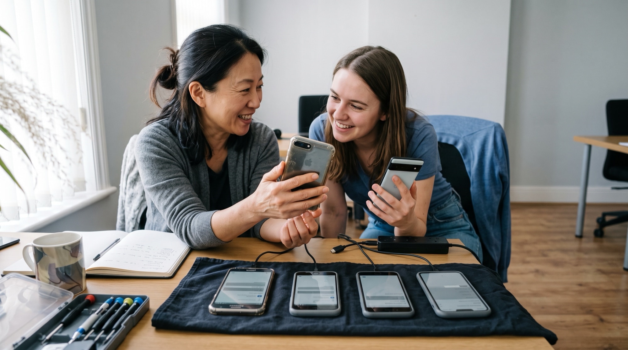 Two colleagues at a desk hold up an older worn handset and a newer one side by side, comparing the same app across a row of phones of different ages.