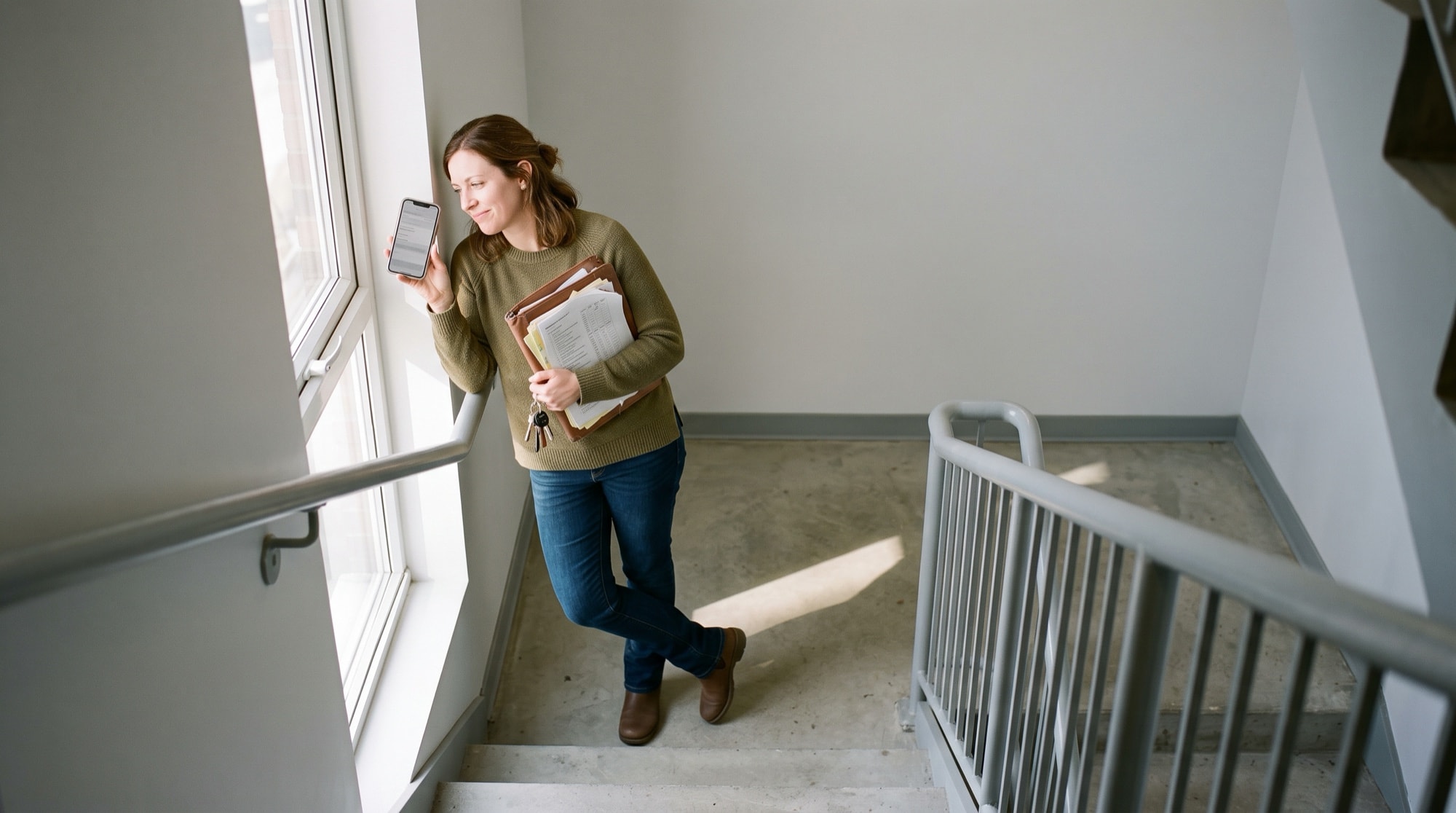 Two people from a mobile team sit in an office stairwell comparing a record queued on a phone against the list on a laptop where it has not yet arrived.