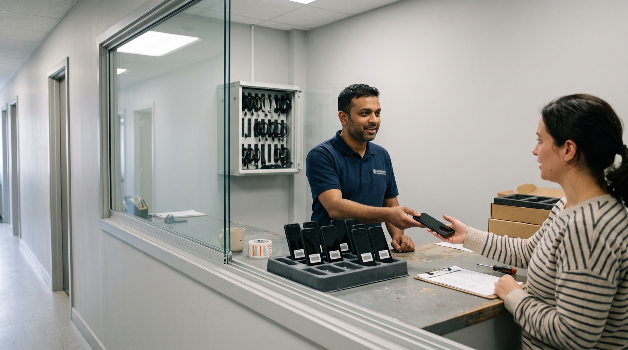 A technician slides a company handset across an IT room service counter to a colleague collecting it, a tray of identical phones beside them.