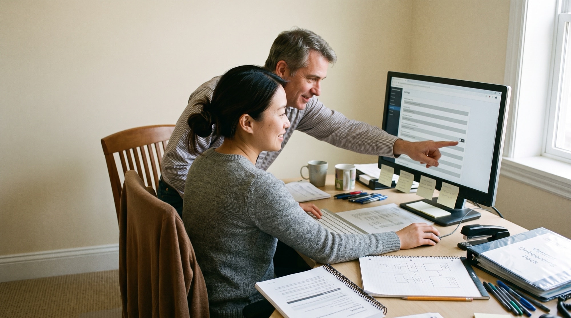 Two colleagues at one monitor comparing a settings screen in the software the firm already owns against an unopened vendor pack on the desk.