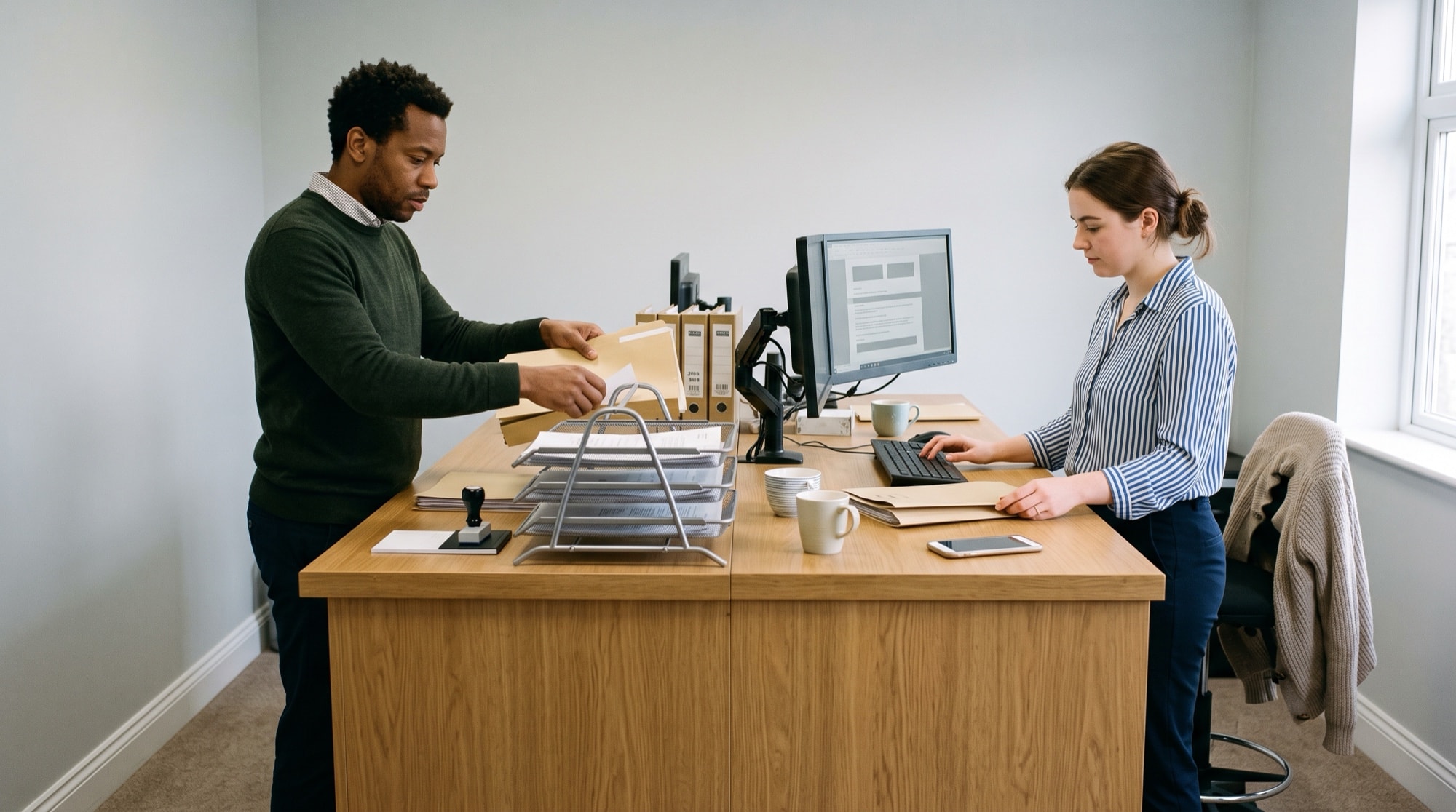 Two staff at a shared standing counter in an accounting practice run the same batch of client work two ways, one by hand into a tray and one keyed into a screen.