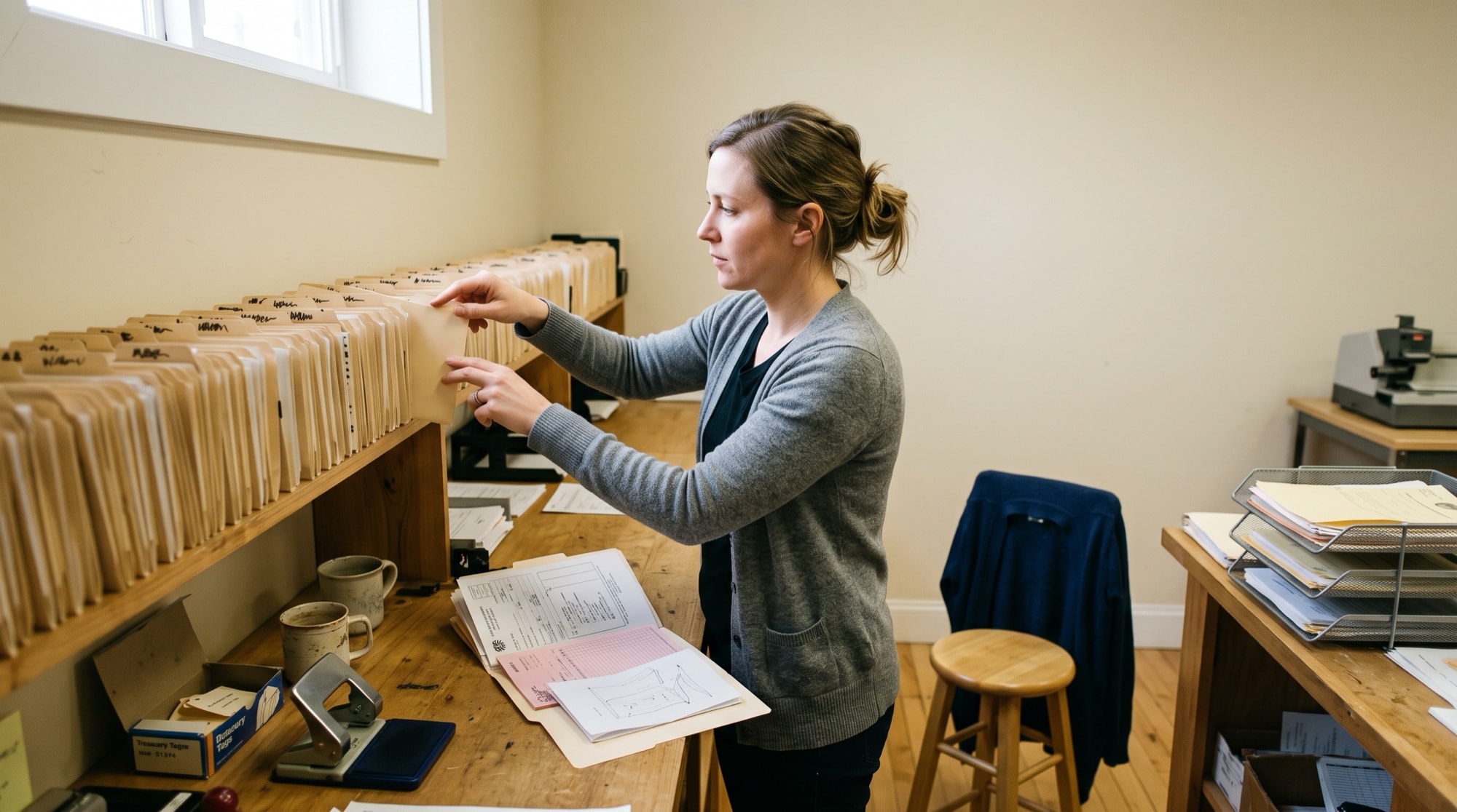 A researcher replays a recorded customer session at her monitor while a colleague adds a line to a whiteboard of boxes and arrows.