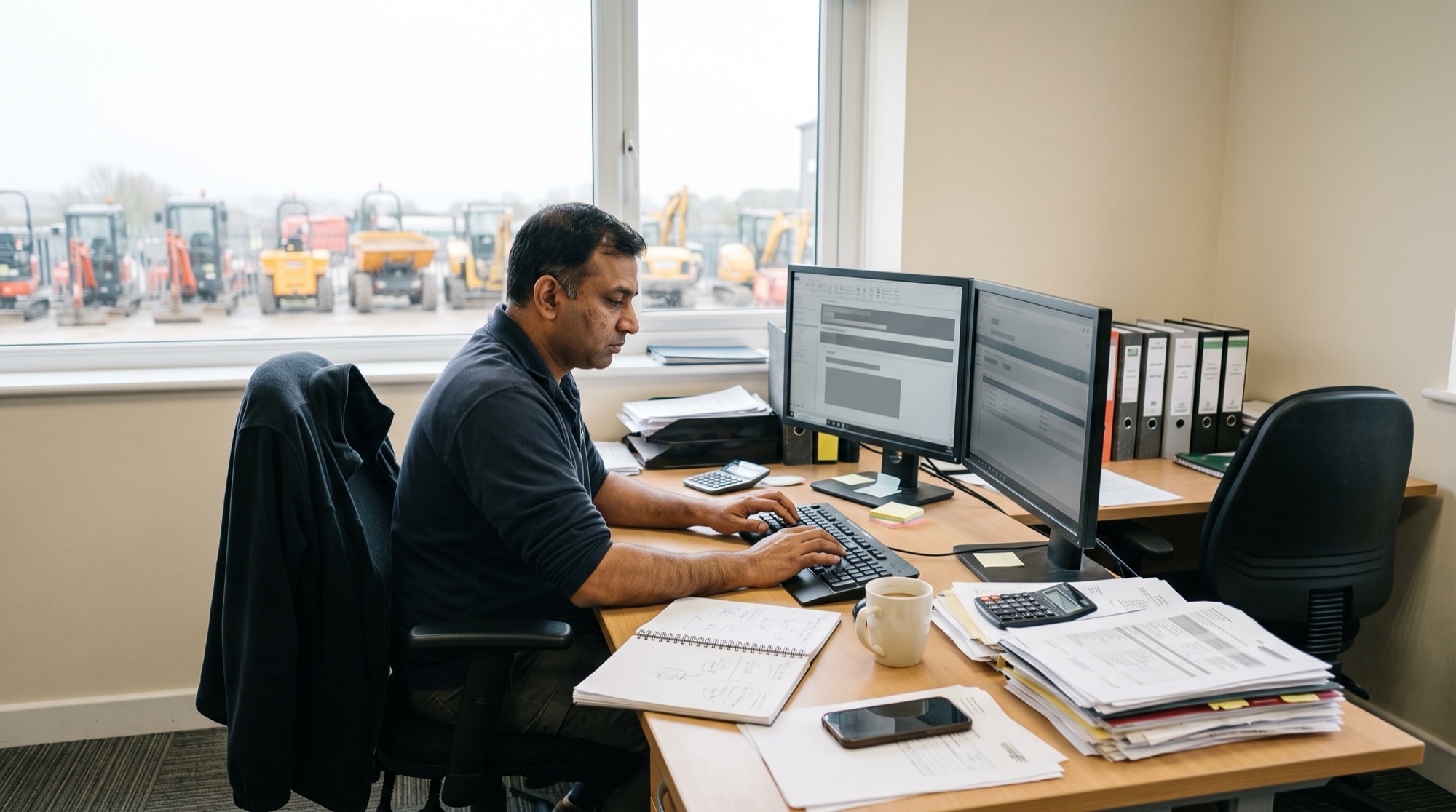 A product designer works a long session at two monitors and a full-size keyboard, his phone standing beside it showing a single narrow column.