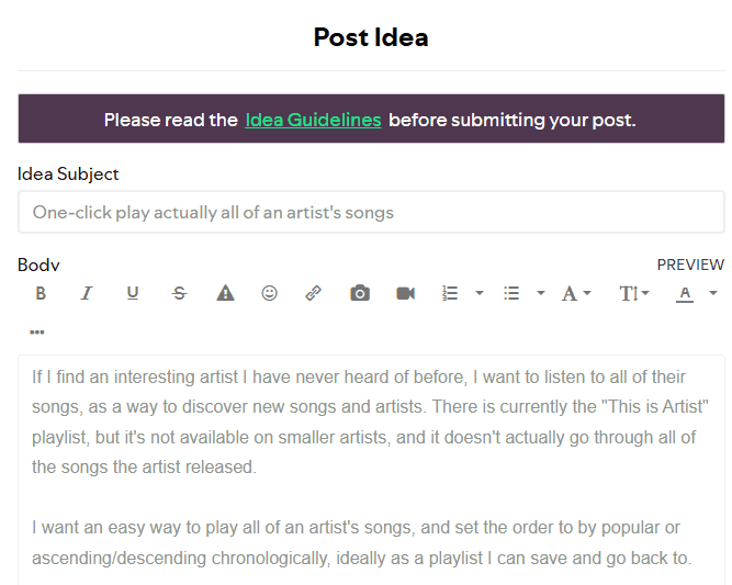 An idea form filled in with a short title and a body explaining what the person is trying to do and why.