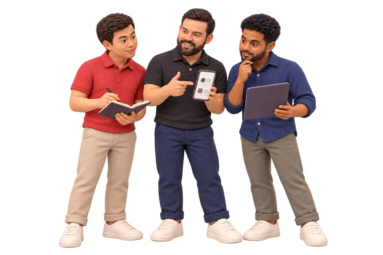 Three Rigoris teammates in clay, reviewing a mobile app prototype on a phone