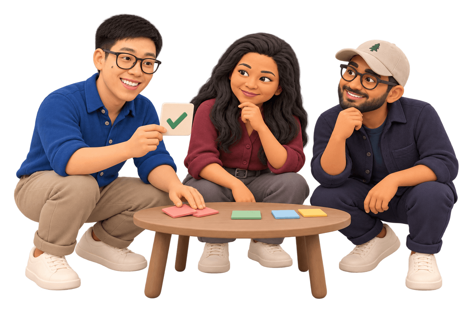 Three clay teammates narrow a set of feature cards to one focused first release