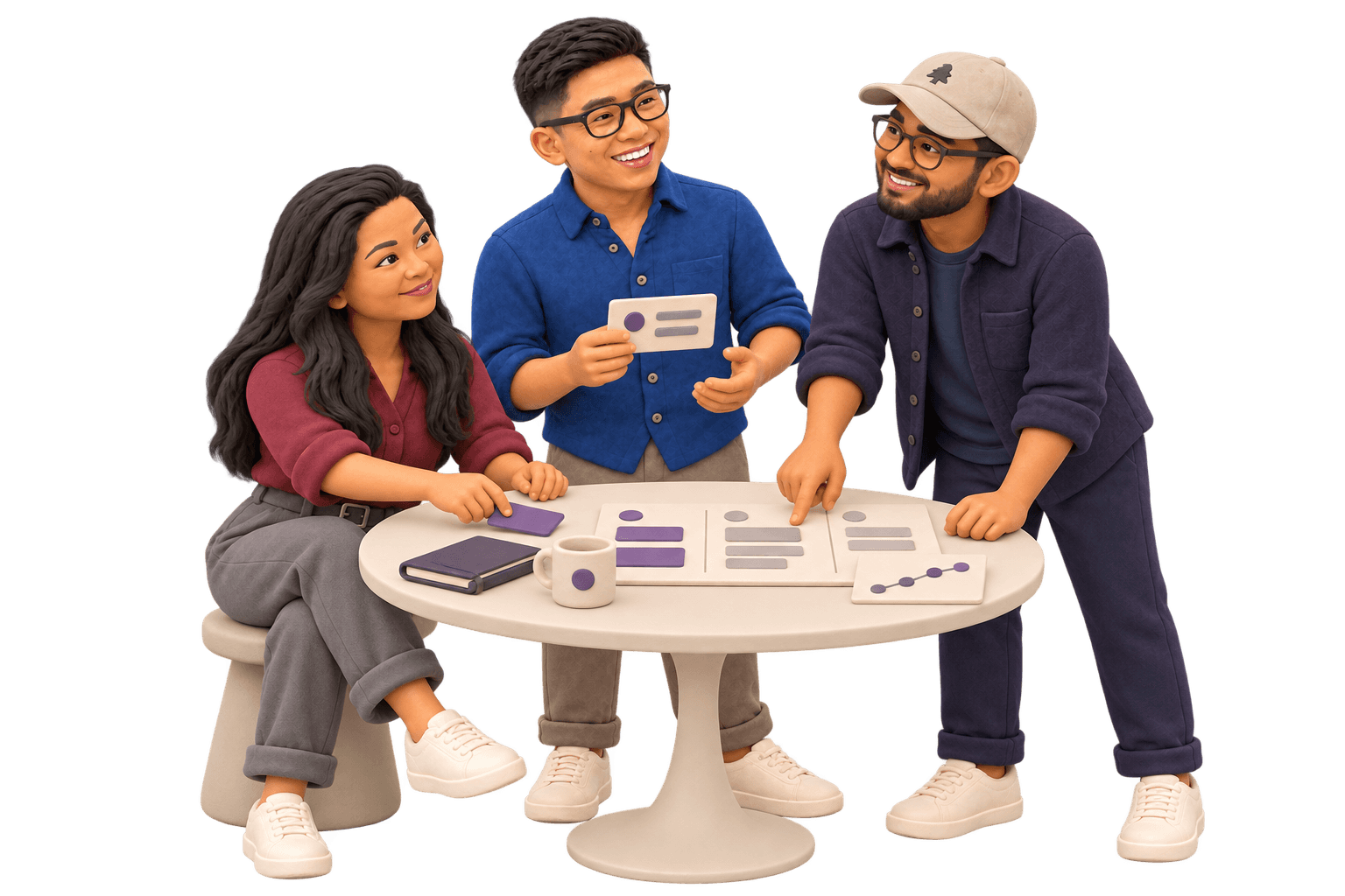 Three Rigoris teammates in clay, sorting roadmap cards around a table