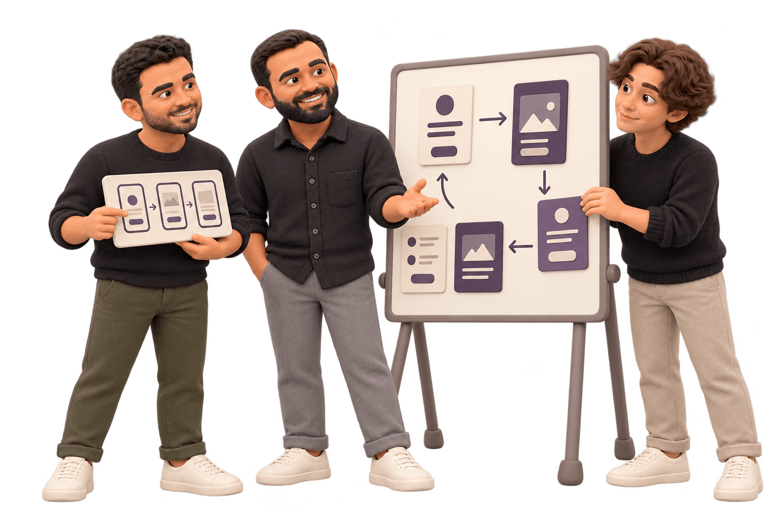 Three Rigoris teammates in clay, mapping a user flow on a whiteboard