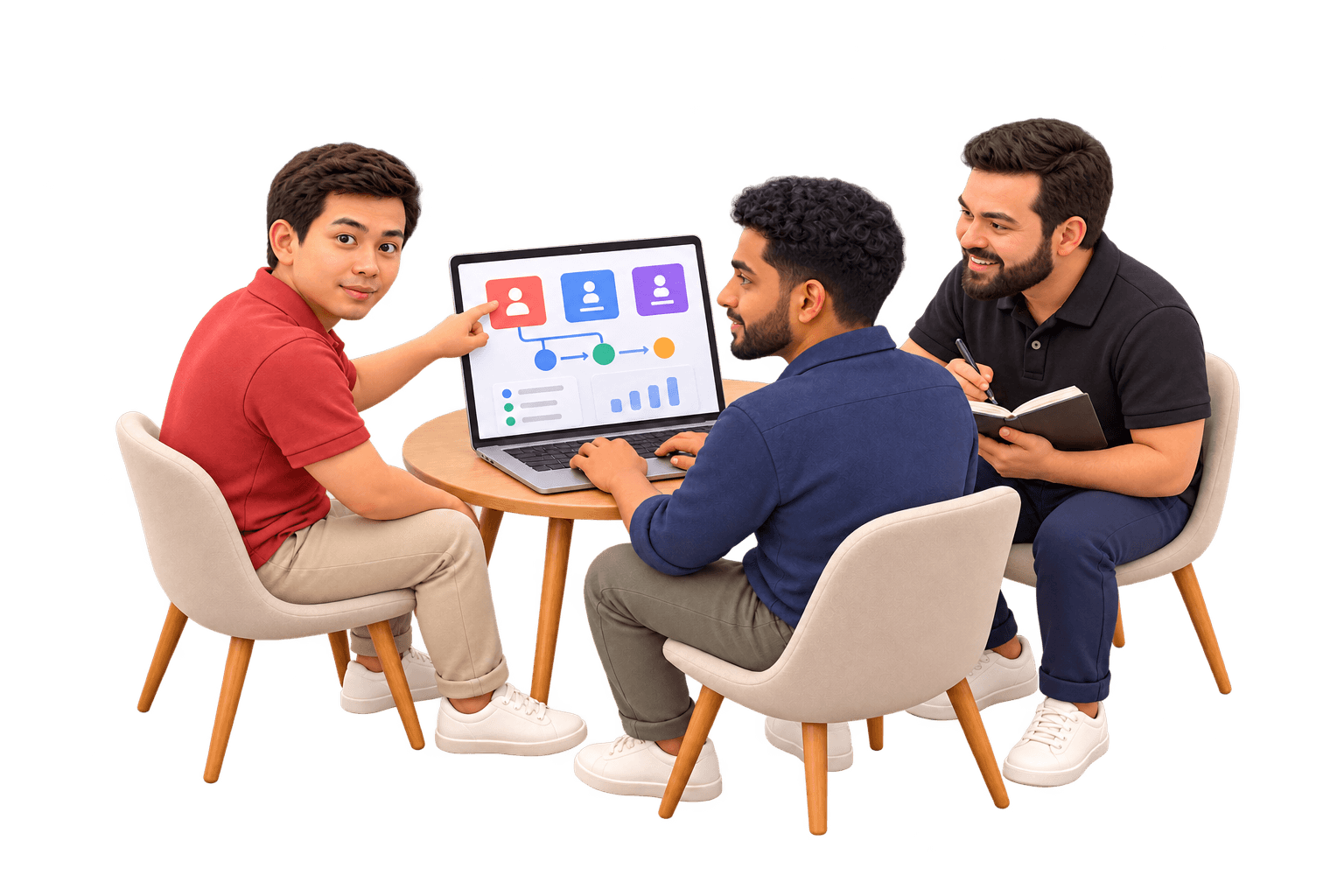 Three Rigoris teammates as clay figures reviewing roles, data and workflow in a custom web application.