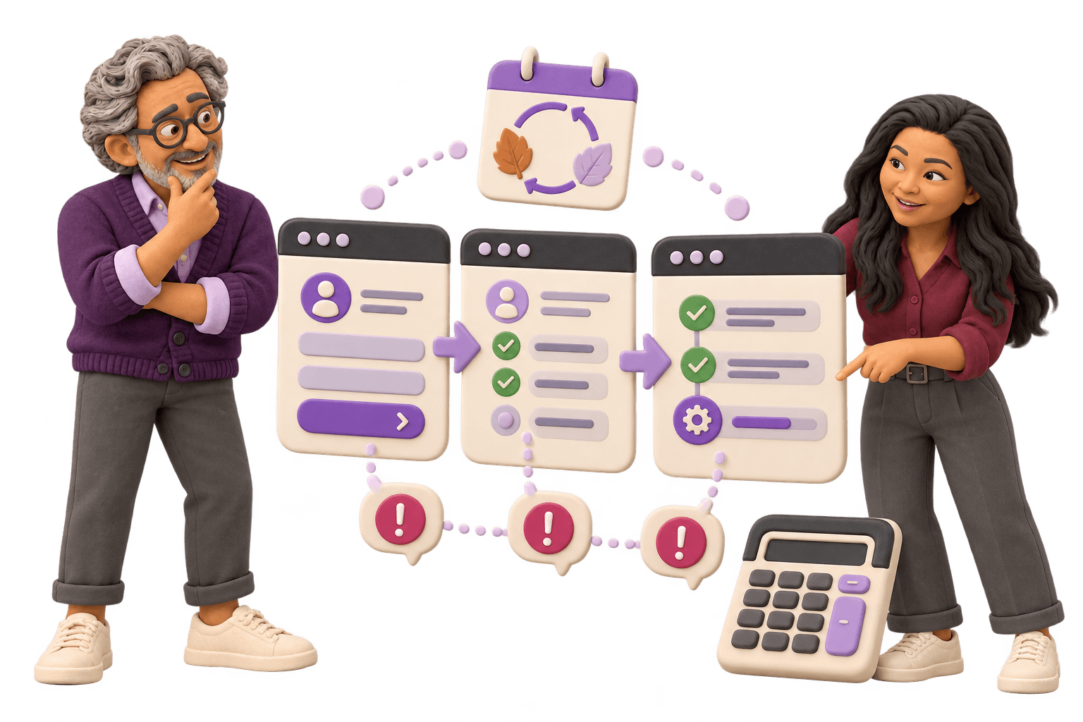 A clay client and team member follow an accounting enquiry from the website form through onboarding and delivery, with a warning marked at each stage.