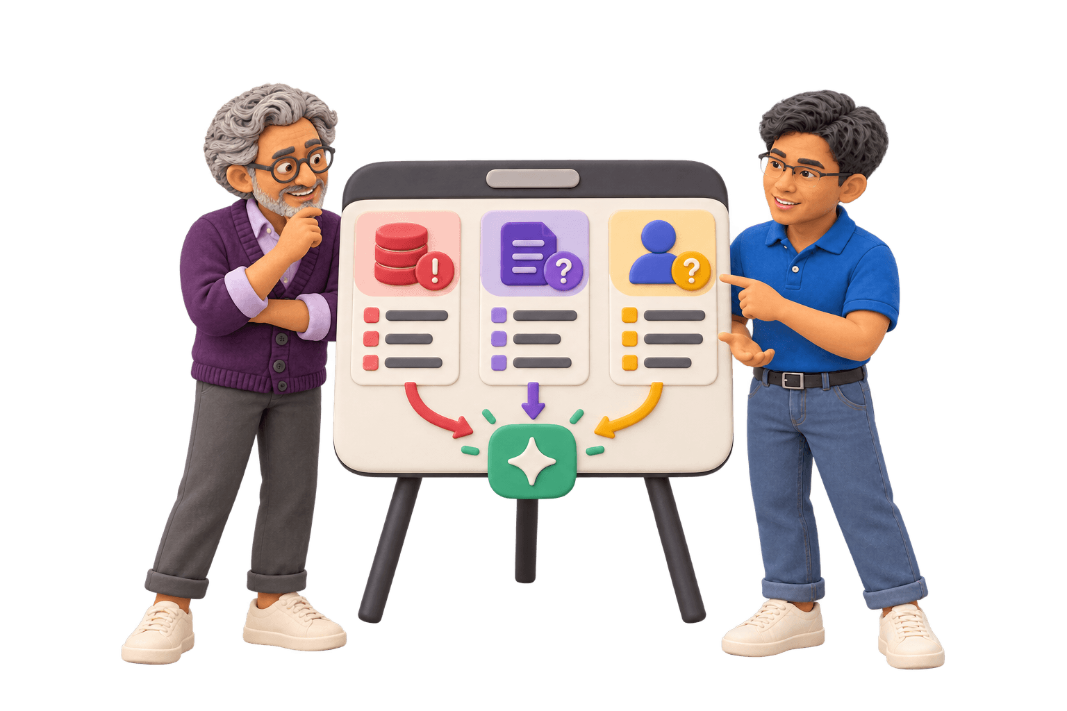 A client and team member study a board where data, rules and ownership cards, each flagged with a warning or an open question, feed one AI step.