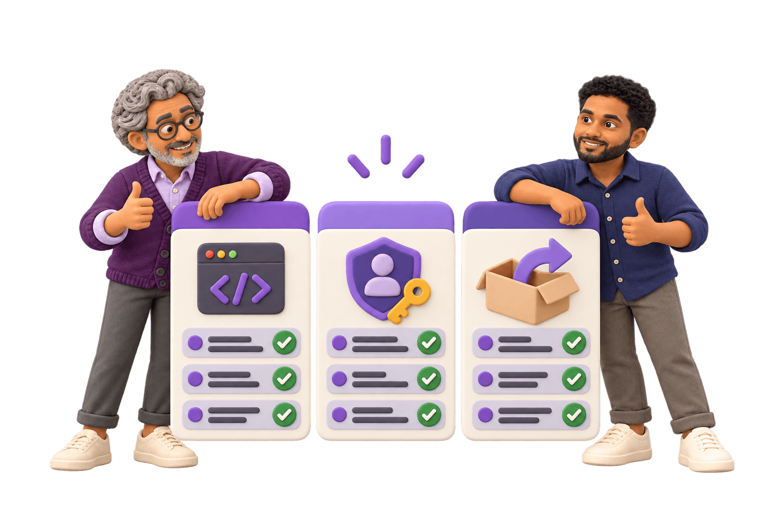 A client and a team member give a thumbs up beside three checked-off panels for code, access and handback.