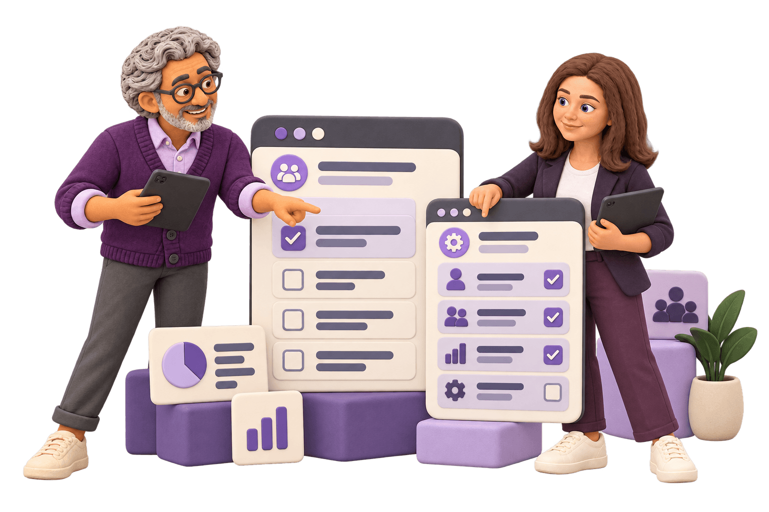 A health research lead and team member review survey and administrator screens.
