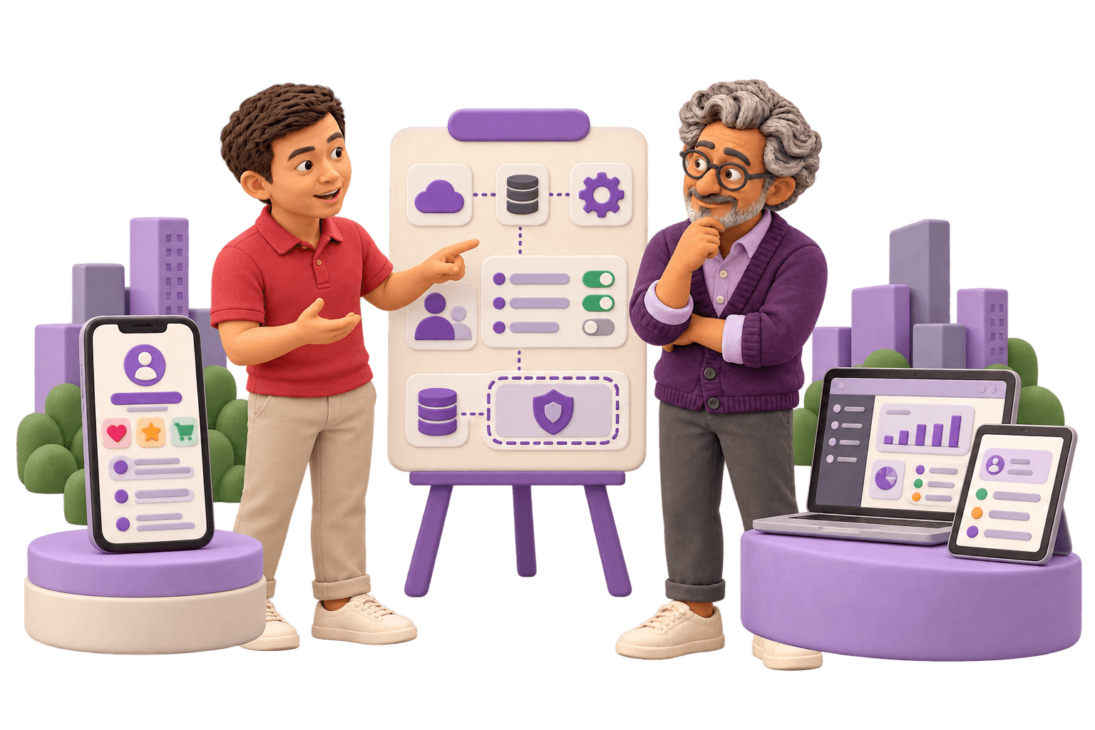 A clay business owner and team member compare a consumer mobile app with a staff-and-customer business app through a discovery scope.