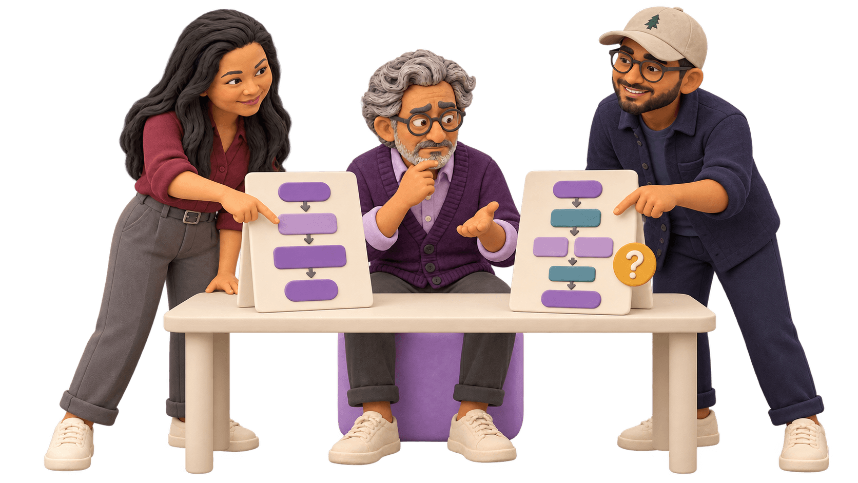 A clay client and two team members compare proposal boards with different workflow boundaries and an unanswered question.
