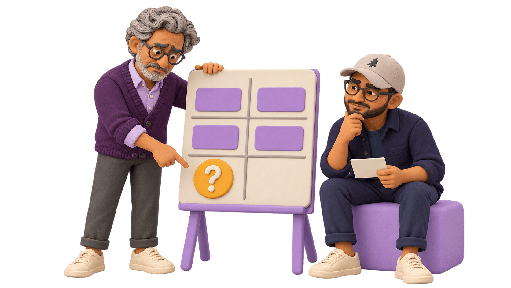 A clay client points to a question mark in a comparison grid while a team member holds a blank clarification card.
