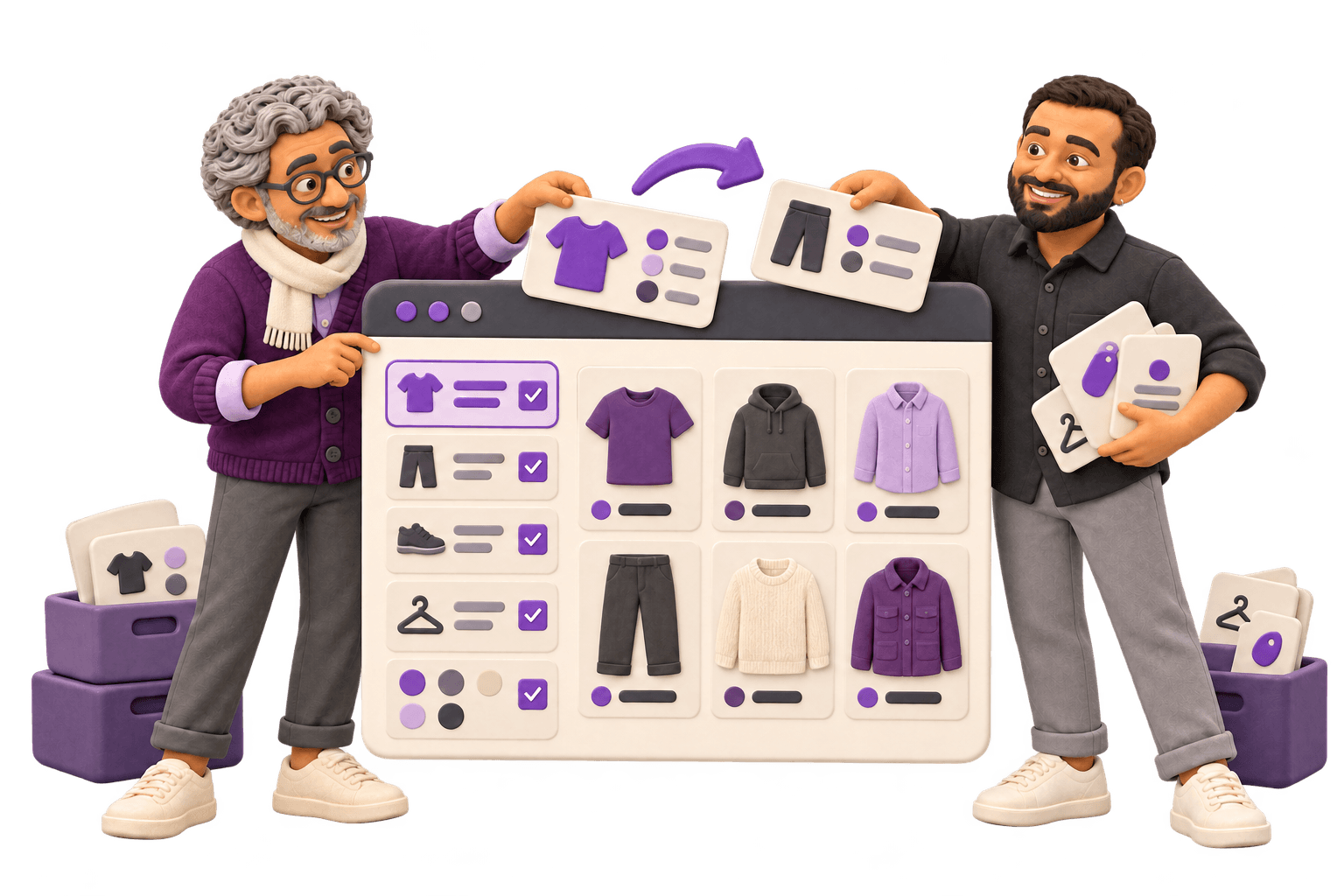 A retailer and team member organize clothing attributes and filters in a product catalogue.