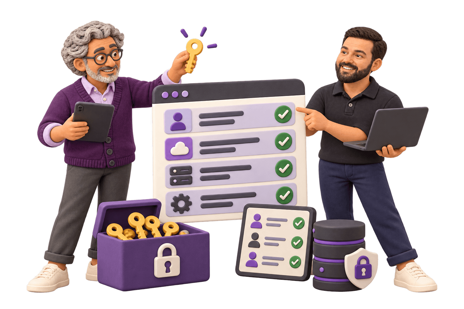 A client and team member take stock of accounts and access with keys and a checklist.