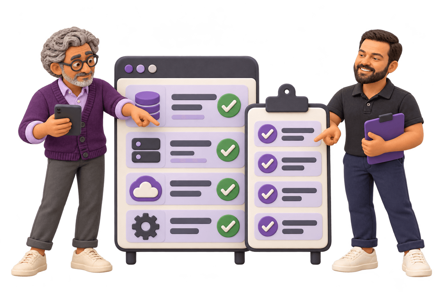A founder and team member check an app and a readiness list before launch.