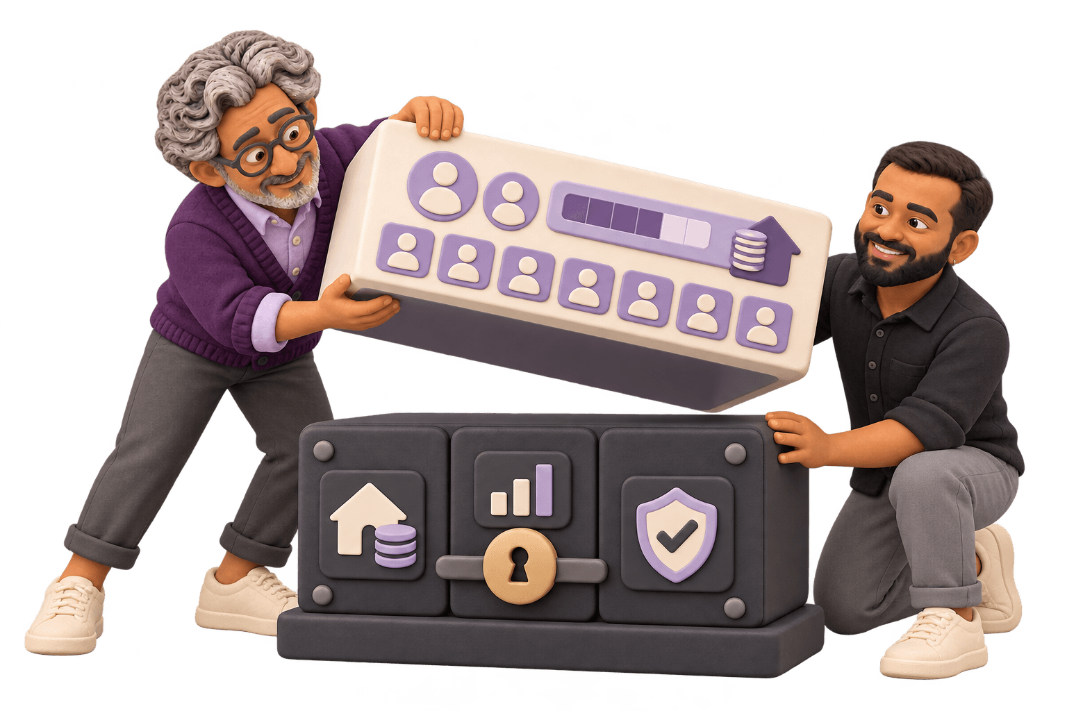 A clay client and team member lift a resident portal layer above a locked property-management system of record.