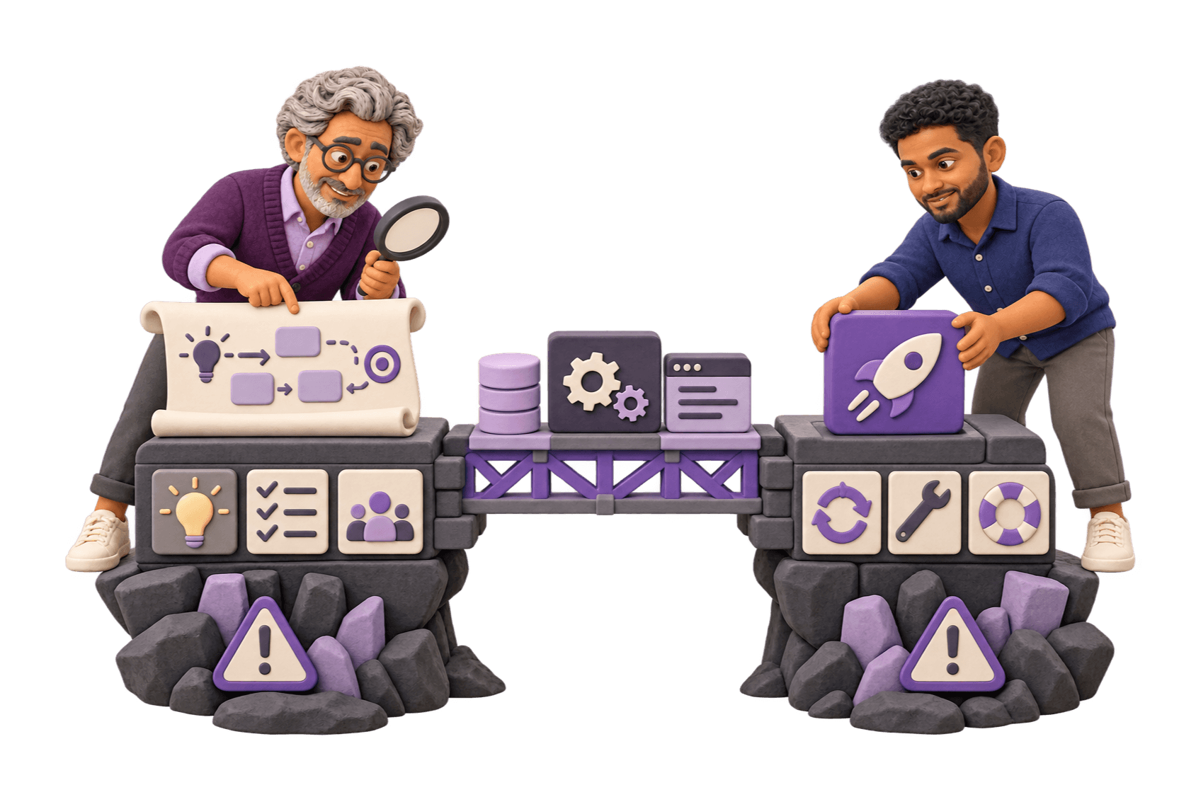 A clay founder and team member support a software lifecycle bridge with discovery before the build and ownership after launch.