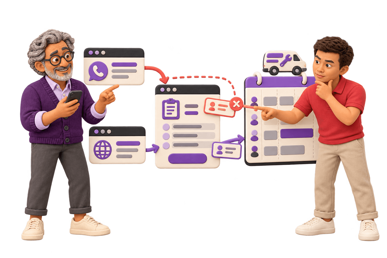 A clay client and team member trace phone and website enquiries into a job card, where the phone enquiry’s hand-off to the crew schedule is broken.