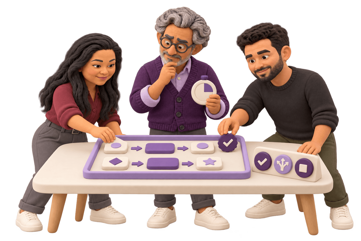 A clay client and two team members run two workflow tests inside a defined boundary, with continue, change and stop decisions ready.