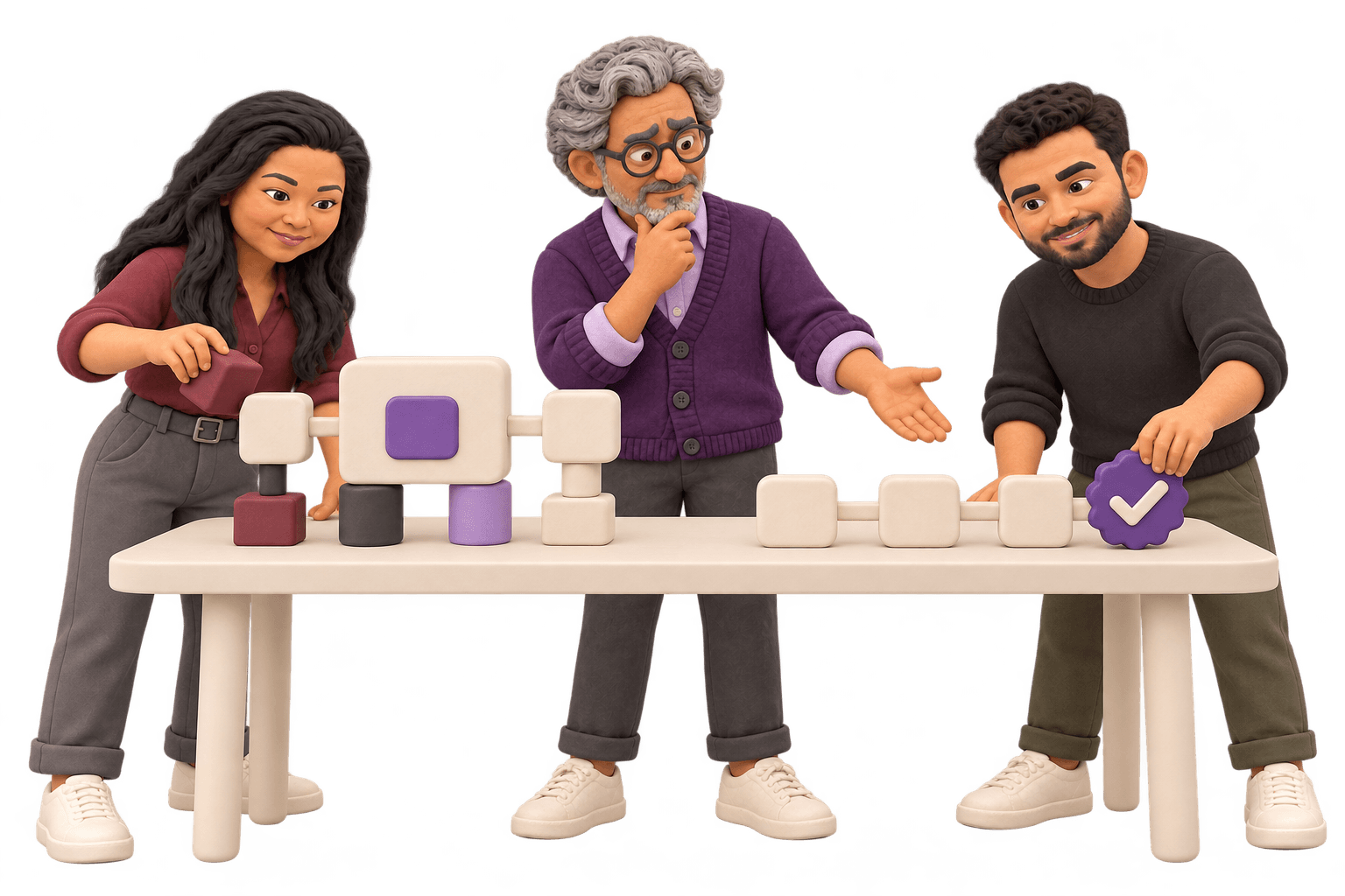 A clay client and two team members compare an internally supported workflow with a simpler customer workflow ending in a commitment marker.