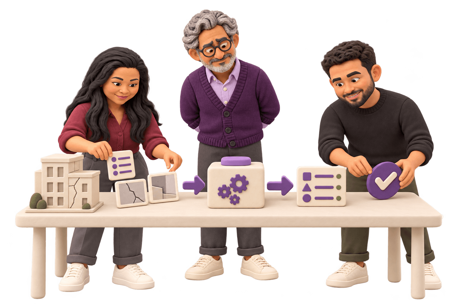 In a fictional clay inspection workflow, one team member supplies checklist and photo inputs, another approves the result, and the company’s own expert watches without stepping in.