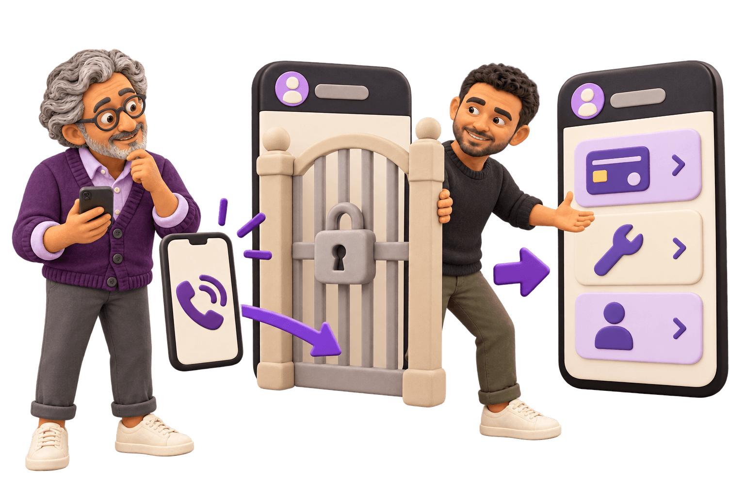 A clay resident and team member open a portal account gate to reveal payment, maintenance and human-help tasks while a phone path bypasses it.